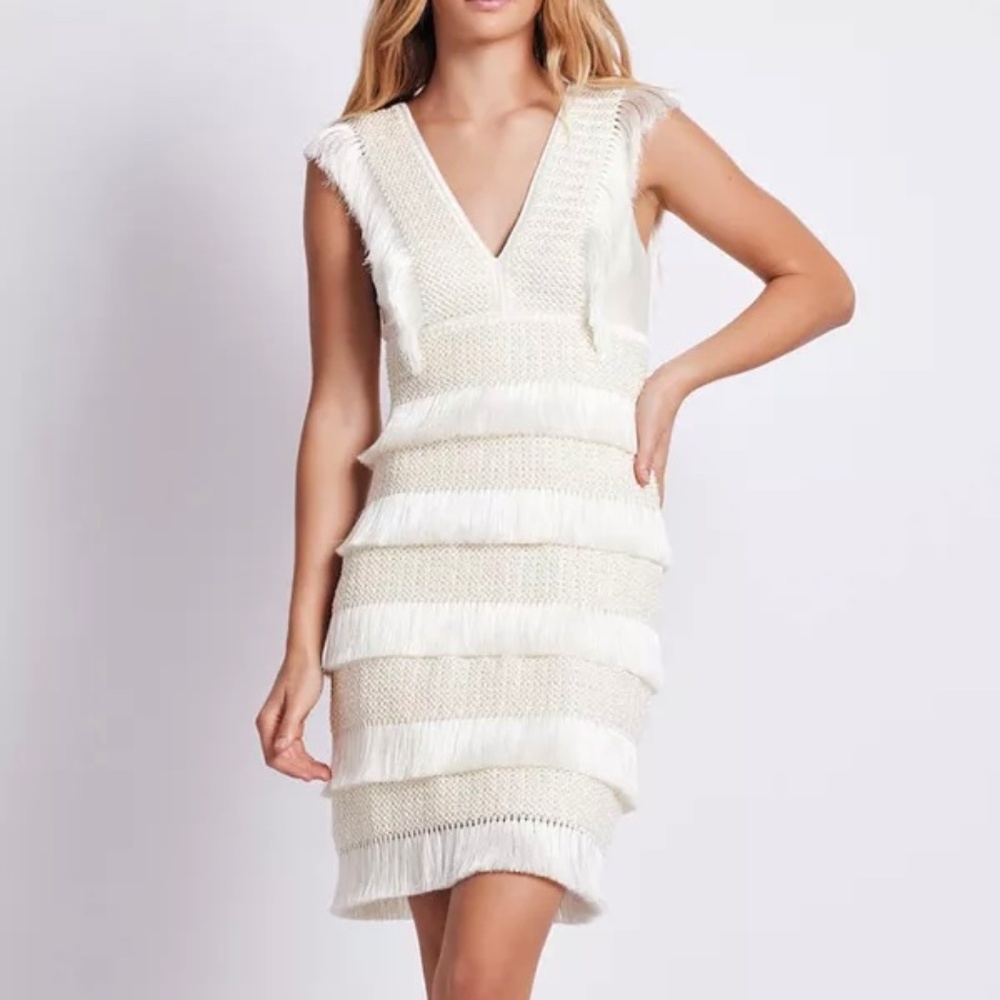 EUC PatBo Fringe Crochet V-Neck Ivory White Midi Dress Size 6